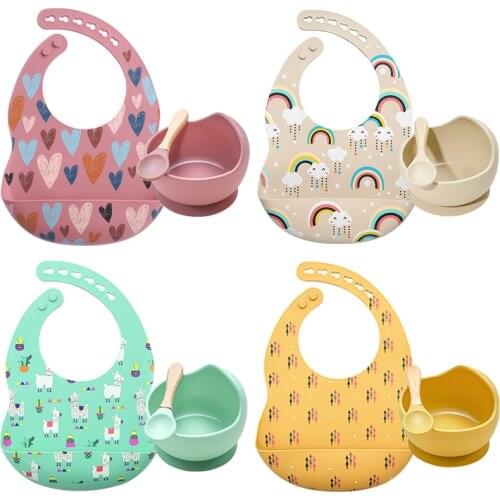 Baby Bib Adjustable Tableware Waterproof Bib Solid Color Sucker Bowl And Spoon For Children Baby Accessories Silicone Plate