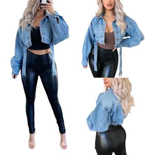 Breathable Girls Denim Jacket, Ladies Solid Color Long Sleeve Lapel Single-breasted Loose Short Coat Casual Tops with Belt