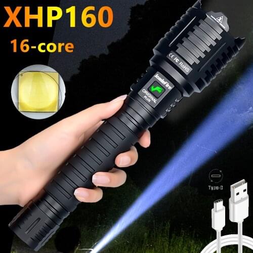 Super Bright XHP160 16-core Brightest Led Flashlight Power Bank 10000mah Torch Usb Rechargeable 21700 Battery Zoomable Lantern