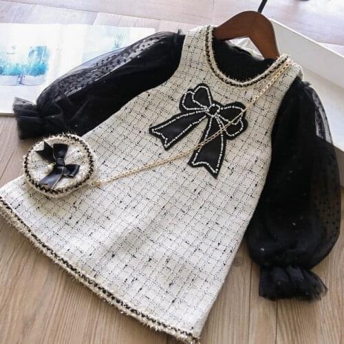 Girls sets 2021 fall new baby girl sprakle t shirts and pearl sleeveless dress and bag 3pcs suits kids outfits wholesale