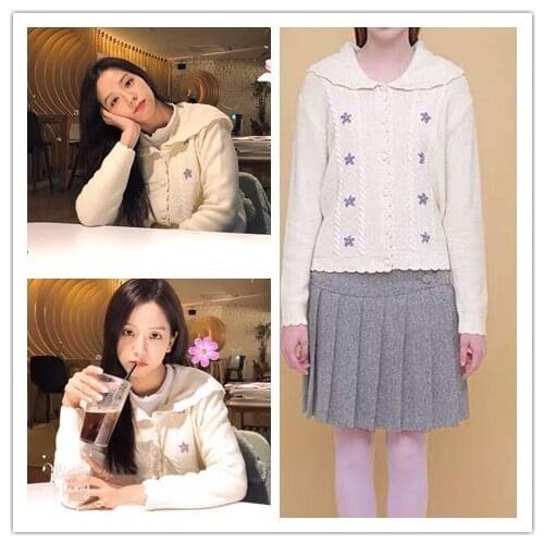 Kpop Korean Celebrity fashion White retro flowers knit hoodies women autumn new Harajuku Single-breasted sweet sweatshirts