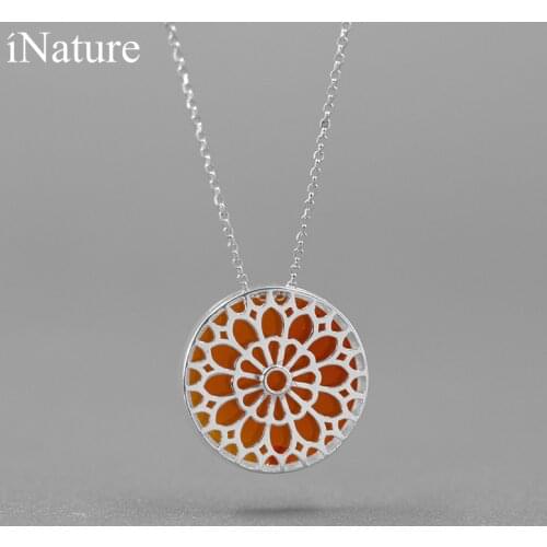 INATURE 925 Sterling Silver Natural Agate Stone Rose Window Round Pendant Necklace Religious Jewelry