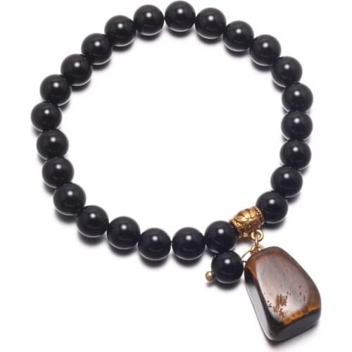 Fashion 8mm Natural Obsidian Beads with Tiger Eye Stone Pendant Bracelet Jewelry For Men Women Handmade Charm Bangle Bracelets