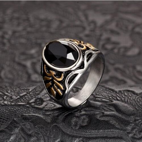 Stainless Steel Mens Rings Punk Rock Hip Hop Cool Jewelry Black Stone Retro Ring Gift