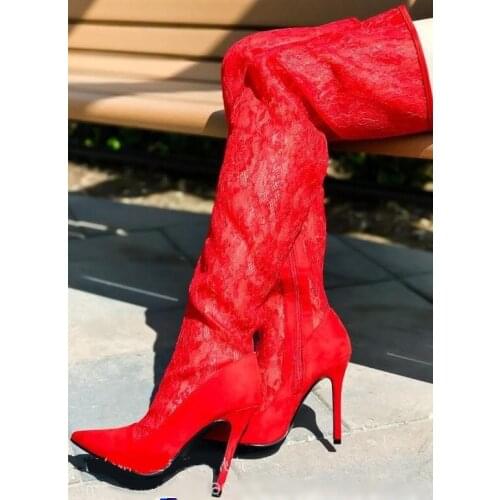 New Arrivals Red Lace Long Boots Women Pointed Toe Thin Heels Women Over The Knee Boots 2018 Slim Fit Winter Shoes