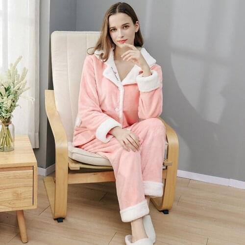 Autumn and Winter Pajams Velvet Padded 2-piece Nightwear Casual Warm Flannel Ladies Home Wear Patchwork Pijamas Women