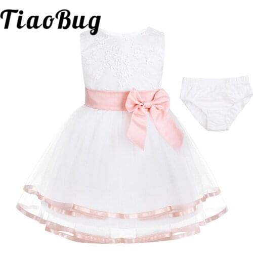 Newborn Infant Baby Girls Embroidered 3D Flower Girls Dress Princess Pageant Birthday Party Baptism Dress with Bloomers Set