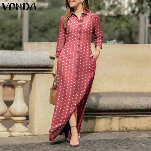 Casual Lapel Collar Button Up Long Maxi Dress Vintage Polka Dot Long Sleeve Pleated Dresses VONDA Women Bohemian Party Vestidos