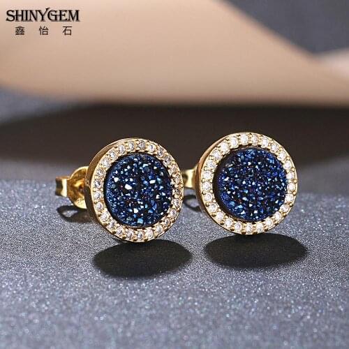 ShinyGem Fashion 8*8mm Round Natural Crystal Druzy Stud Earrings Inlay Zircon Gold Plating Geode Gem Stone Earrings For Women