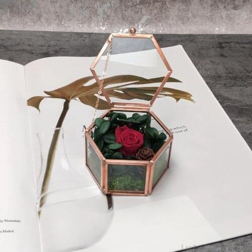 Hexagon Transparent Rose Gold Glass Ring Box Wedding Ring Box Geometric Clear Glass Jewelry Box Organizer TabletopHolder M20 21