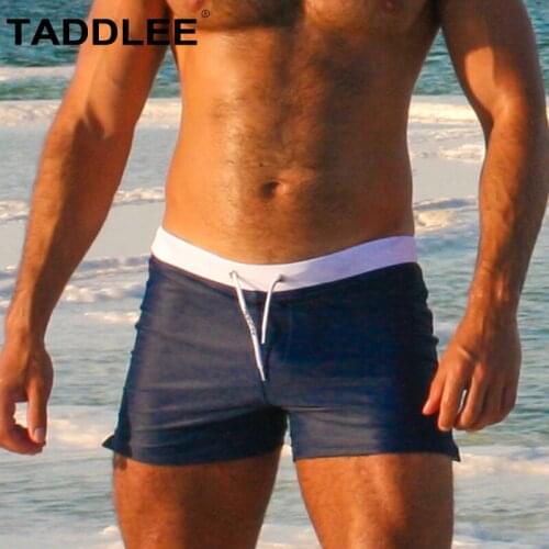 Taddlee Brand Sexy Men Swimwear Swimming Boxer Briefs Bikini with Pockets Solid Blue Color Men Swimsuits Surf Trunks Boardshorts