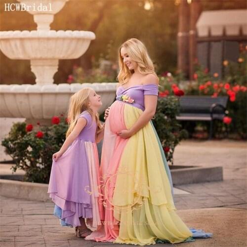 New Design Rainbow Chiffon Pregnant Women Evening Dress Off The Shoulder A Line Mother And Daughter Dresses For Photo Shoot