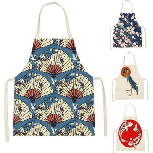 Japanese Style Fan Apron Waist Bib Women Aprons Wave Cherry Blossom Home Cooking Tools Waterproof Pinafores 68-55CM Grembiule