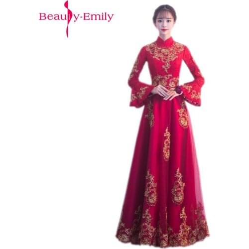 Beauty Emily Lace Long Bridesmaid Dresses 2019 Female A-line Party Prom Dresses Off the Shoulder Long Full Sleeve High Neck
