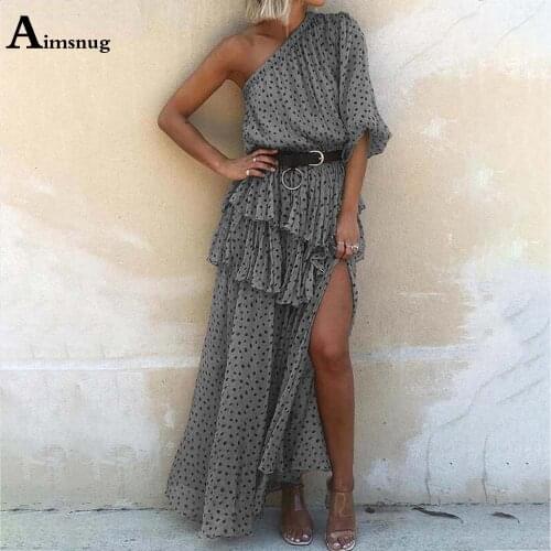 2021 Diagonal Collar Dress For Women High Split Long Maxi Dresses Plus Size Ladies Summer Fashion Dot Print Beach Dress Femme