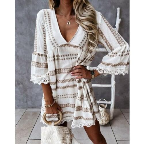Happie Queens women striped print long sleeve beach loose Bohemian mini dress Ladies v-neck lace Boho sundress vestidos