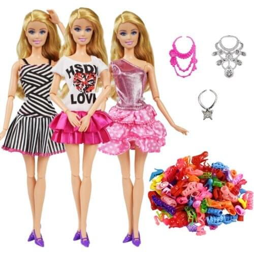 9 Item/Set Doll Accessories=3 Pcs Doll Clothes Dress + 3 Plastic Necklace + Random 3 Pairs Shoes for 12 Inch Doll Accessories
