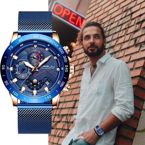 CRRJU Men Watch Stylish Creative Chronograph Stainless Steel Mesh Wristwatch Fashion Waterproof Blue Date Display Watch Relogio