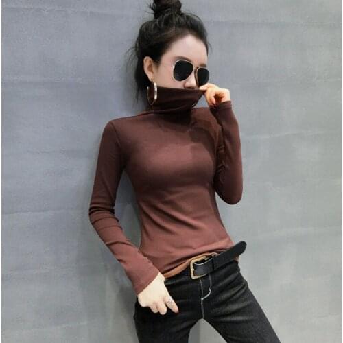 Gkfnmt Thick T shirt Women Turtleneck Long Sleeve Women Cotton Tops 2020 New Plus Size S-2XL Winter Tshirt Mujer Apricot Black