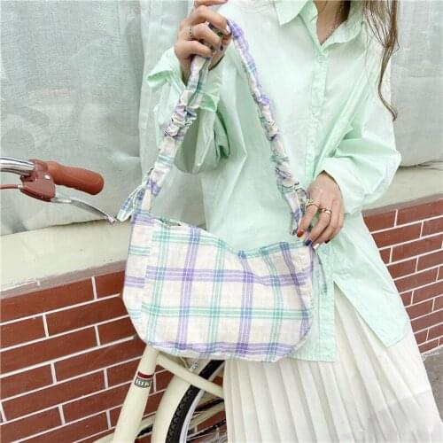 Yeqofcd Canvas Women Handbags Zipper Retro Purses 2021 Summer Shoulder Bag Ruched Plaids Tote Lady Fashion Underarm Bags