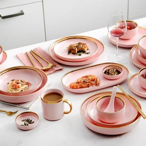Ceramic Pink Dinner Set with Gold Edge Nordic Kitchen Accessories Serving Dish Plate Bowl Decorative Dinnerware for Wedding Home