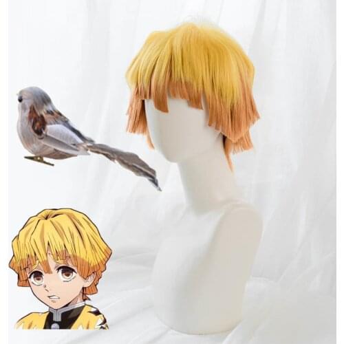 Anime Demon Slayer Kimetsu No Yaiba Cosplay Costumes Zenitsu Agatsuma Wigs Golden Hair Sparrow Bird Headdress CS146