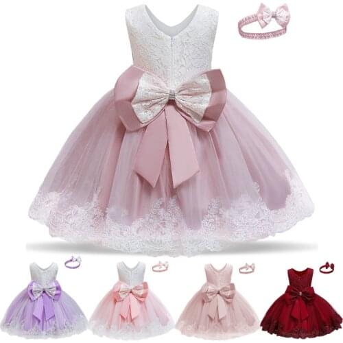 Girls Lace Princess Dress For Kids Wedding and Party Bridesmaid Dress Birthday Bowknot Tutu Ball Gown Children Christmas Costume