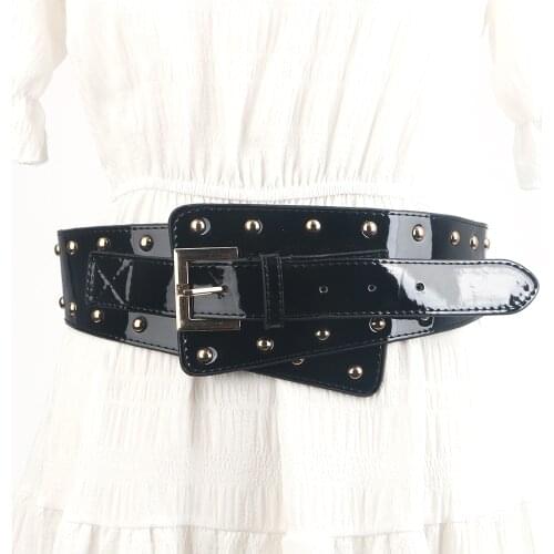 Fashion Cummerbund shinny Pu Leather Adjustable pin Gole Buckle wide belts for women ladies wide waistband Girdle For dress Coat