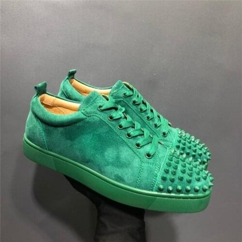Mens Low Top Sports Casual Sneakers Green Front Sharp Rivets Leather Cross-tied Solid Color Non-Slip Retro Round Toe Flat Shoes