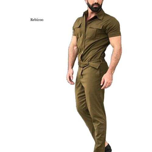 Mens Cotton Blends Jumpsuit Overalls Casual Notched Short Sleeve Rompers Solid Overall Zipper Romper Pocket Trousers