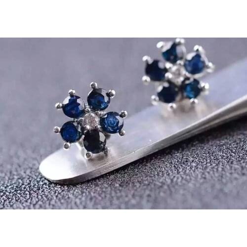 Natural dark blue sapphire gem stud earrings Natural gemstone earrings Flowers Plum blossom S925 silver women party gift jewelry