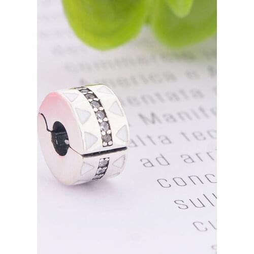 New White Enamel Sqaure Circle Zirconia Crystal Bead Stopper Clip Fit Original Pan Charm Bracelet 925 Silver Making Berloque