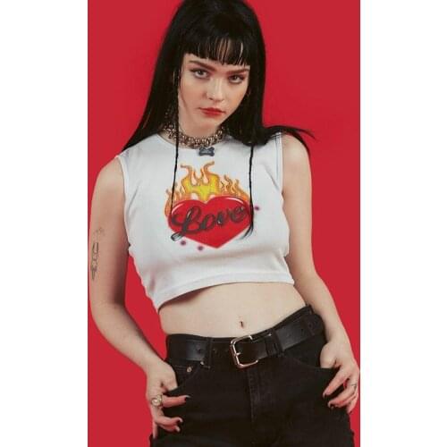 New Gothic Girl Streetwear Chic Sexy Club Punk White Fire Love Pattern Slim Tank Women Punk Harajuku Fashion Tank Top
