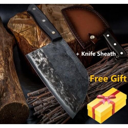 XYj Full Tang Handmade Butcher Knife Chef Kitchen Knife High Carbon Clad Steel Cleaver Filleting Slicing Gift Knife Cover Sheath