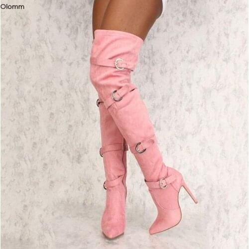Olomm New Women Over The Knee Boots Sexy Stiletto Heels Boots Nice Pointed Toe Wine Red Pink Party Shoes Women Plus US Size 5-15