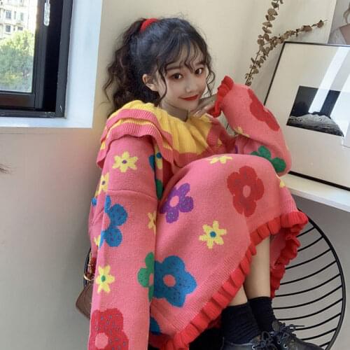 Autumn and winter 2021 new fashion casual ladies Korean lace doll collar flower knitted pullover sweater female foreign style