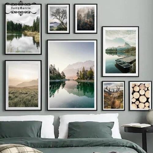 Lake Deer Sunrise Boat Mountain Forest Landscape Poster and Prints Wall Art Canvas Painting Wall Pictures for Living Room Decor