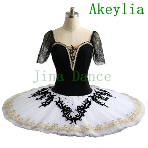 Mesh Short Sleeve Professional Ballet Tutu Black White Platter Pancake Performance Tutus YAGP Competition Ballet Costume Velvet