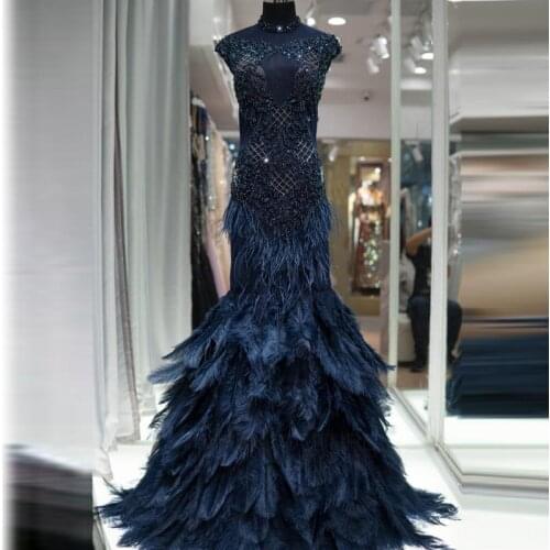 Luxury Feather Navy Blue Mermaid Evening Dresses 2020 New Design Crystal See Through High Neck Dubai Formal Gowns BLA60734