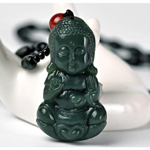 Certificate Natural Real Dark Green Stone Carved Baby Buddha Lucky Amulet Pendant Necklace Men Womens Fashion Jewelry