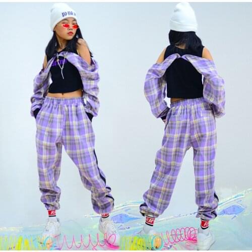 Hip Hop Dance Costumes Girls Jazz Performance Clothing Fashion Purple Plaid Off Shoulder Top Pants Street Dancing Wear DN6476