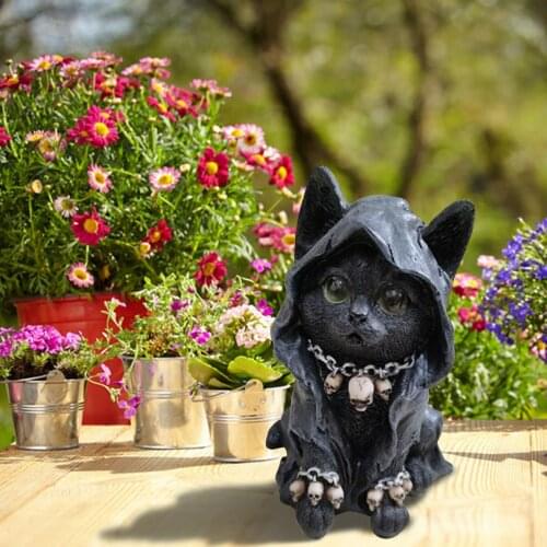 Halloween Decoration Resin Cat Black Art Skull Necklace Figurine Ornaments Sculpture for Home Courtyard Party Decoration Gift