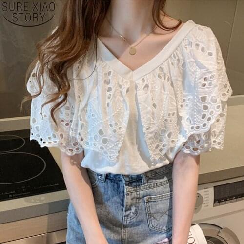Chic Crochet Sweet Ruffles V-neck Blouse Women Hollow Out Tops New Summer Cotton Blouse Short Butterfly Sleeve White Shirt 13933