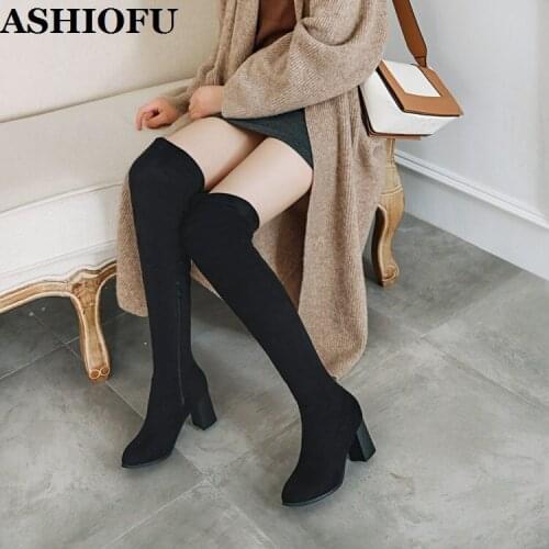 ASHIOFU Wholesale Handmade Womens Chunky Heel Boots Faux-suede Leather Over Knee Boots Young-style Evening Fashion Winter Boots