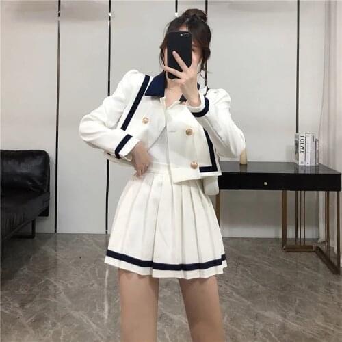Womens Suit Double-breasted Jacket + High-Waist A-Line Pleated Skirt Two-piece Suit/Sets M-4XL Female Sets