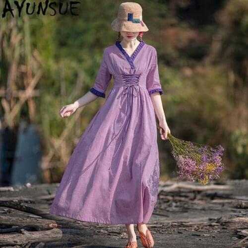 2020 Spring Summer Woman Dress Elegant Long Cotton Linen Dress Vintage Maxi Dresses for Women Vestidos Elegantes C800 KJ4821