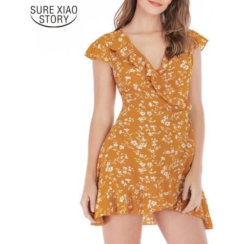 Korean Summer Holiday Beach Mini Dress Women Sexy V-neck Print Dress Female Sweet Ruffled Dress Robe Sleeveless Vestidos 14131
