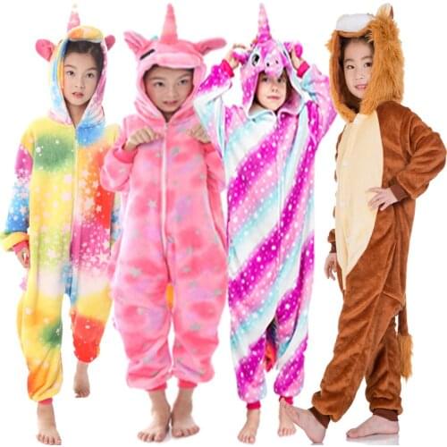 Girls Boys Winter Animal Pajamas Unicorn Cartoon Anime Animal Onesies Kids Sleepwear Flannel Warm Jumpsuit Children Pajamas
