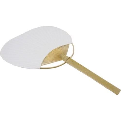 100pcs Large Paper Fan with Bamboo Handle Two Sided Blank Fans DIY White Round Hand Fans WB131