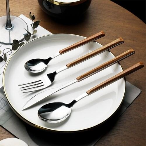 2020 4 Sizes Wooden Handle Stainless Steel Knife Fork Spoon Home Kitchen Ice Cream Dessert Tea Tableware Tools Accessories